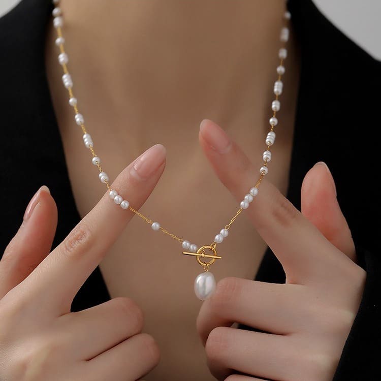 Elegant Baroque Pearl Pendant Necklace Long Rice Pearl Chain 3 1