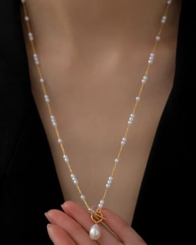 Elegant Baroque Pearl Pendant Necklace Long Rice Pearl Chain