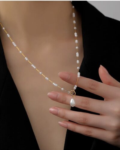 Elegant Baroque Pearl Pendant Necklace Long Rice Pearl Chain