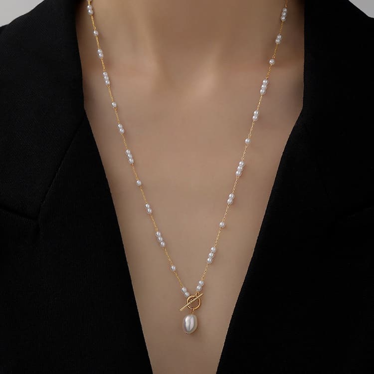 Elegant Baroque Pearl Pendant Necklace Long Rice Pearl Chain 5