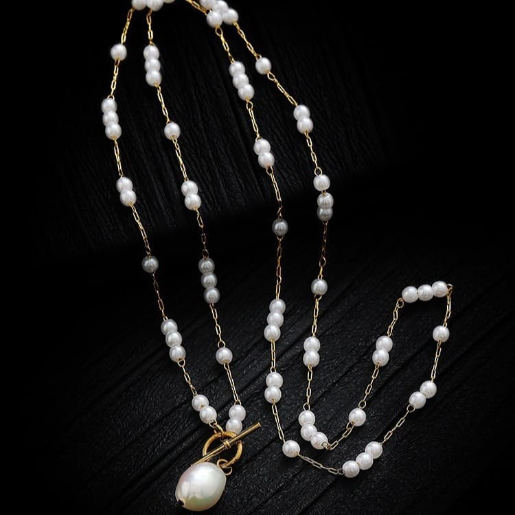 Elegant Baroque Pearl Pendant Necklace Long Rice Pearl Chain 8