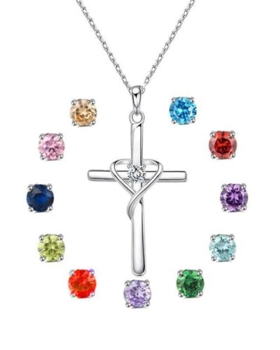 Elegant Birthstone 925 Sterling Silver CZ Cross Necklace