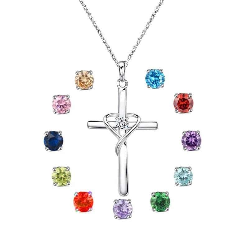 Elegant Birthstone 925 Sterling Silver CZ Cross Necklace