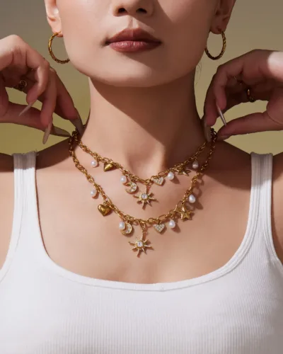 Elegant Moon and Star Ladies Stainless Steel Necklace 13