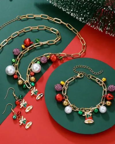Elegant Paperclip chain Christmas Bell Bracelets Necklace Setの別ビュー