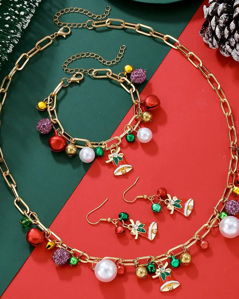 Elegant Paperclip chain Christmas Bell Bracelets Necklace Set - Image 3
