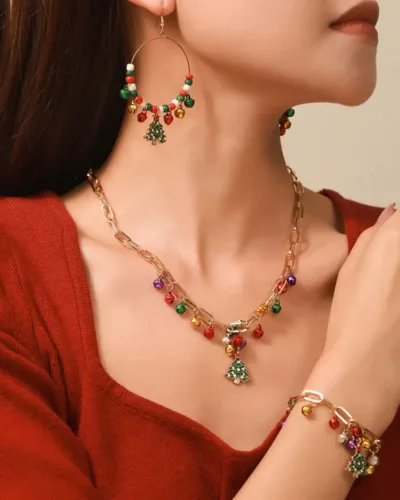 Elegant Paperclip chain Christmas Bell Bracelets Necklace Set