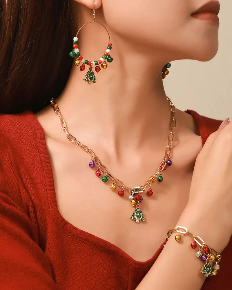 Elegant Paperclip chain Christmas Bell Bracelets Necklace Set