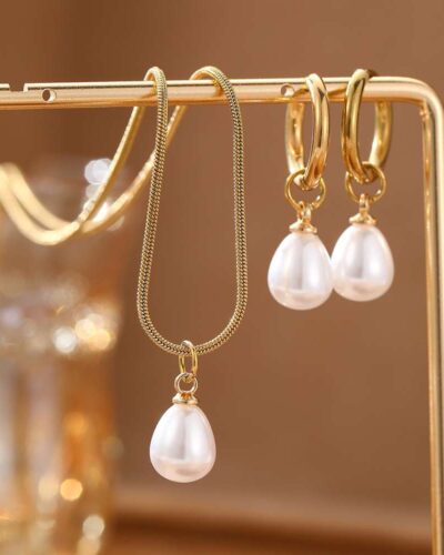 Elegant Pearl Stainless Steel Earrings and Necklace Set