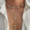 Elegant Stackable Multi Layered Cross Necklace Pearl Zircon Choker