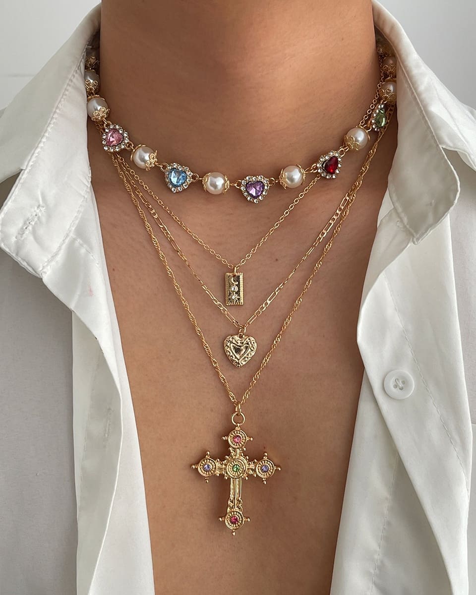 Elegant Stackable Multi Layered Cross Necklace Pearl Zircon Choker