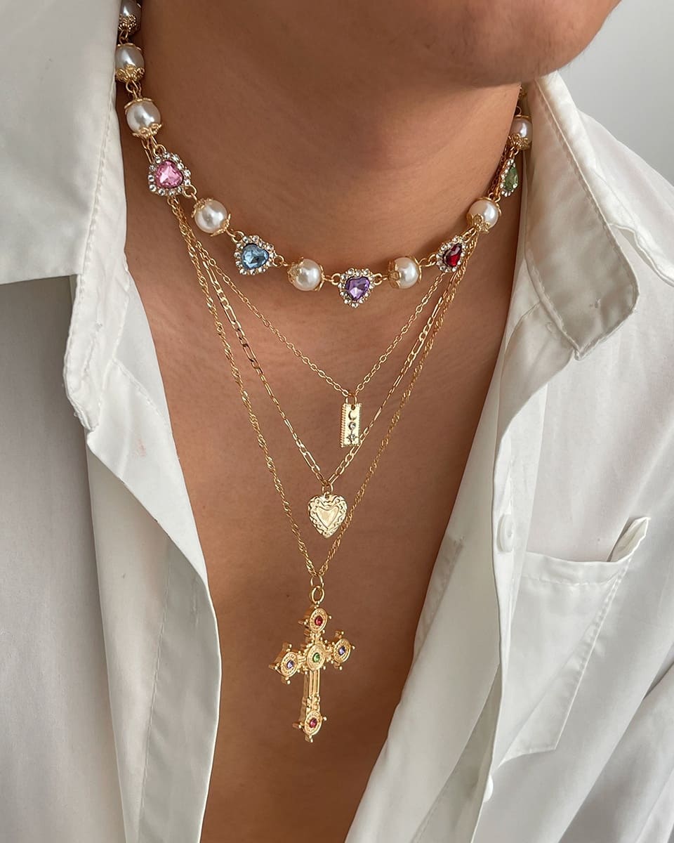 Elegant Stackable Multi Layered Cross Necklace Pearl Zircon Choker