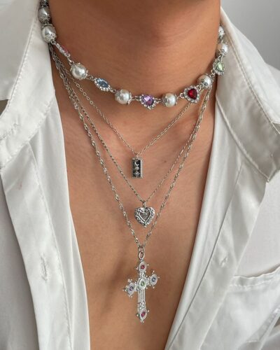 Elegant Stackable Multi Layered Cross Necklace Pearl Zircon Choker