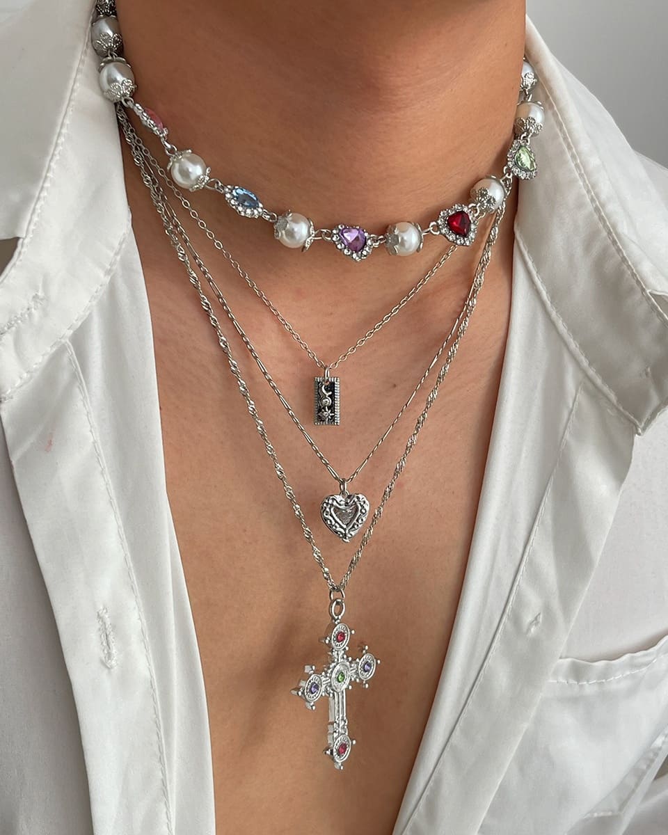 Elegant Stackable Multi Layered Cross Necklace Pearl Zircon Choker