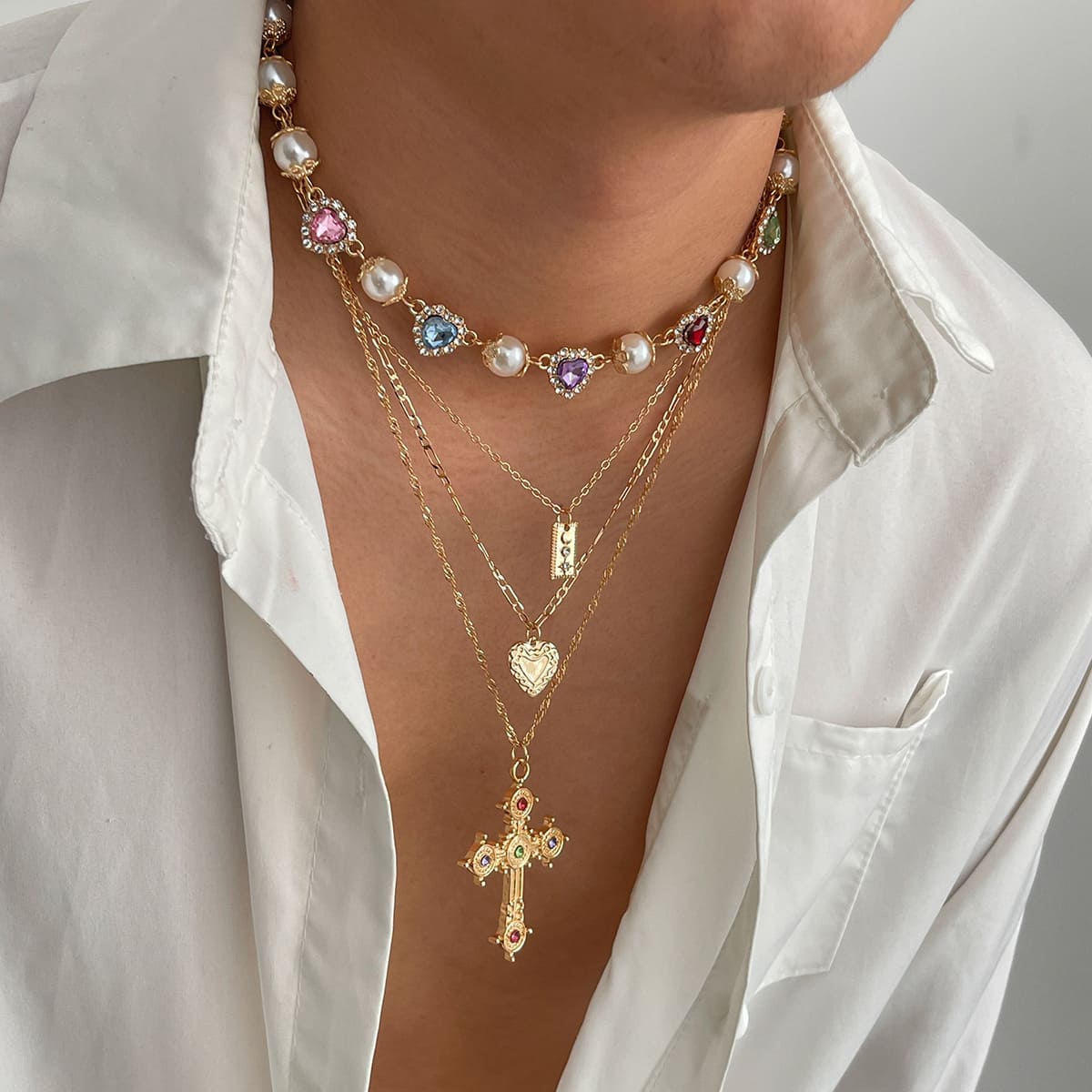 Elegant Stackable Multi Layered Cross Necklace Pearl Zircon Choker 4 1