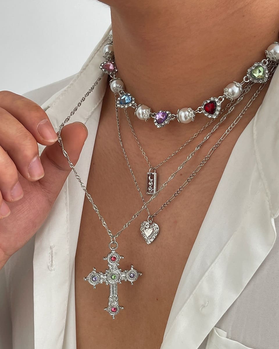 Elegant Stackable Multi Layered Cross Necklace Pearl Zircon Choker