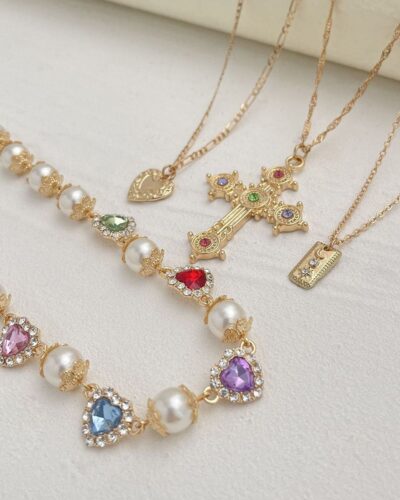 Elegant Stackable Multi Layered Cross Necklace Pearl Zircon Choker