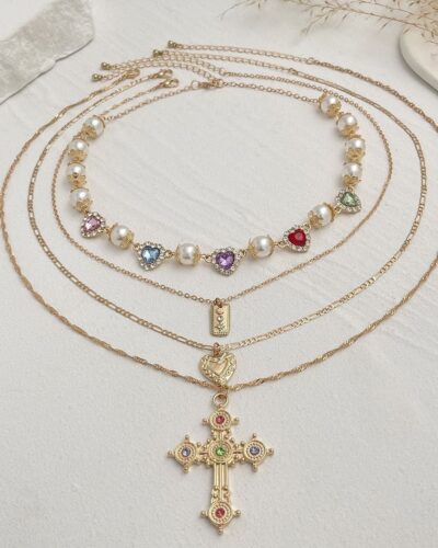 Elegant Stackable Multi Layered Cross Necklace Pearl Zircon Choker