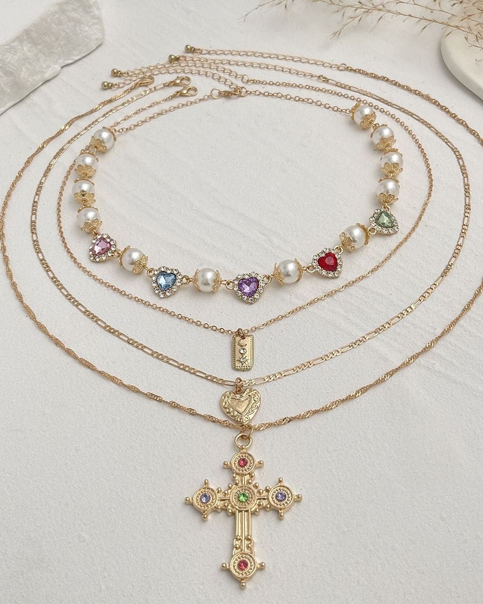 Elegant Stackable Multi Layered Cross Necklace Pearl Zircon Choker