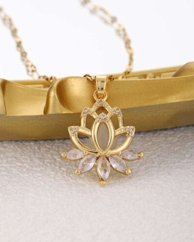 Elegant Zircon Stainless Steel Lotus Pendant Necklace