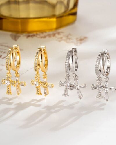 Elegant Vintage Double Cross Hoop Earring Sparkling Zircon