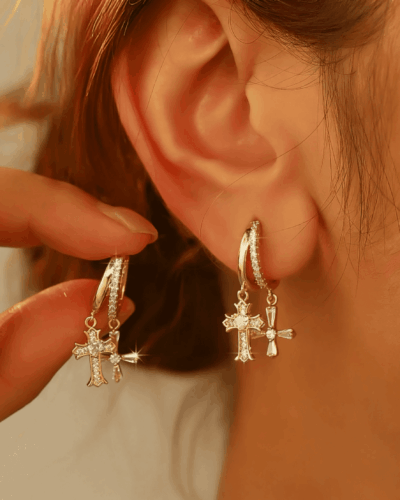 Elegant Vintage Double Cross Hoop Earring Sparkling Zircon