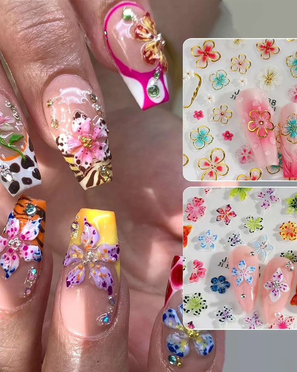 5D Embossed Flower Nail Stickers for Nail Art 4 Sheets - Afbeelding 2