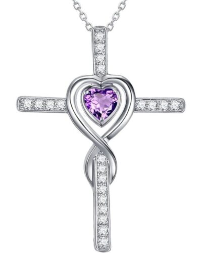Silver Ladies Birthstone Cross Necklace Pendant