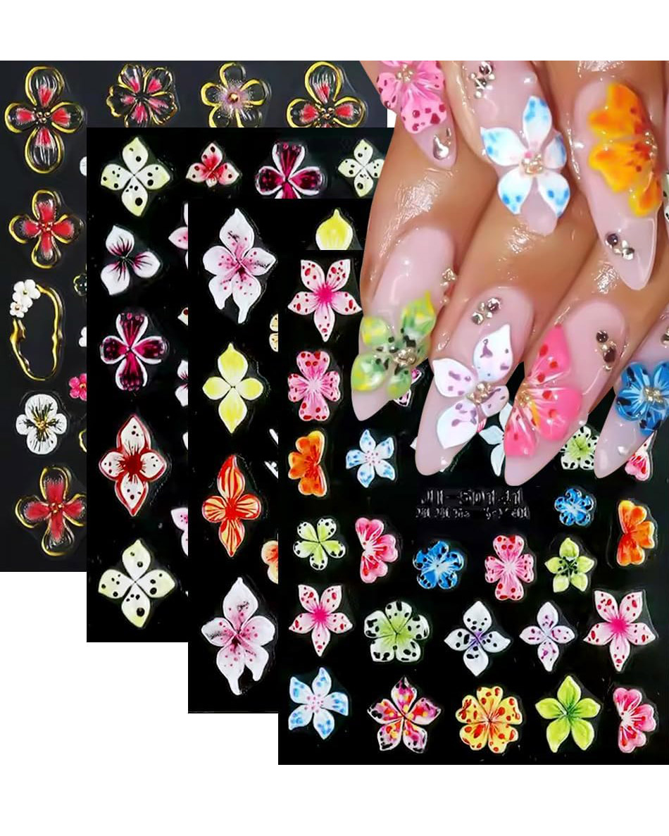 5D Embossed Flower Nail Stickers for Nail Art 4 Sheets