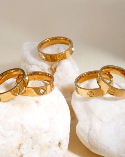 Four-Leaf Clover Bright Stainless Steel Rings in Gold Plated