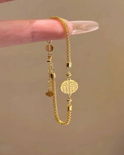 Fu Character Gold Tone Stainless Steel Bracelet for Women