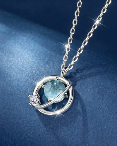 Galaxy Planet Pendant March Birthstone Necklace 925 Sterling Silver Jewelry Gift