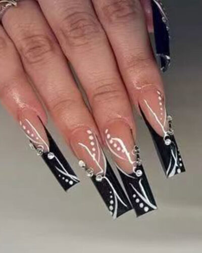 Vista alternativa de Glam Rock Long Coffin Black Acrylic Nails with Rhinestone