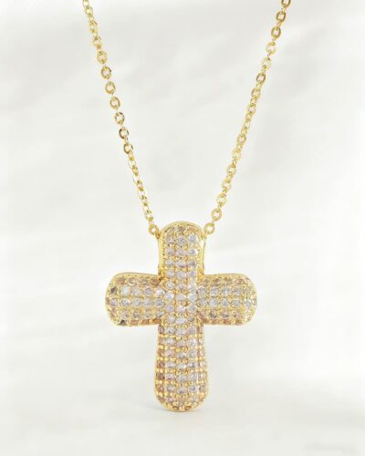 Gold Cubic Zirconia Bubble Cross Necklace Daily Wear