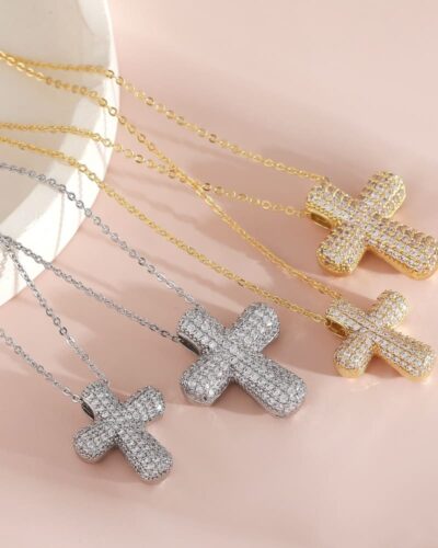 Gold Cubic Zirconia Bubble Cross Necklace Daily Wear