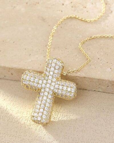 Gold Cubic Zirconia Bubble Cross Necklace Daily Wear