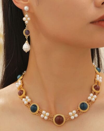 Gold Double Strand Pearl Necklace Vintage Choker Earring