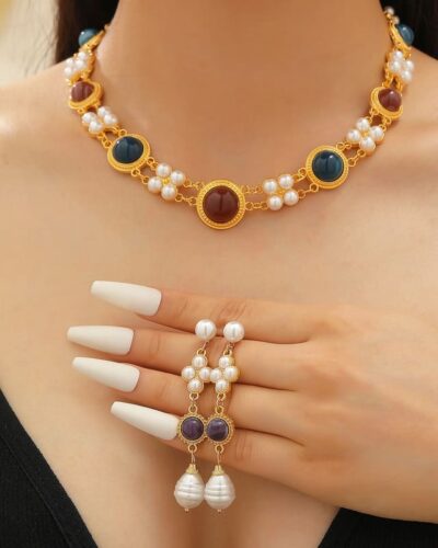 Vista alternativa dell'Gold Double Strand Pearl Necklace Vintage Choker Earring