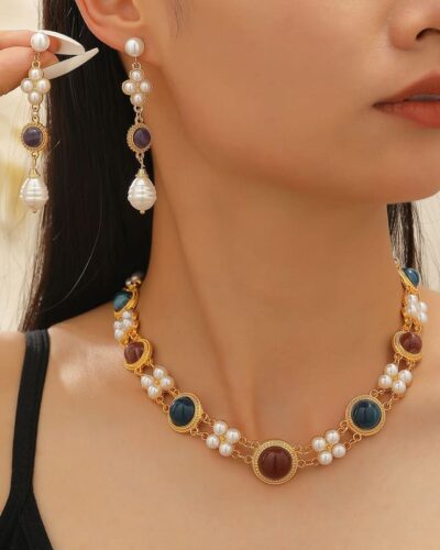 Gold Double Strand Pearl Necklace Vintage Choker Earring