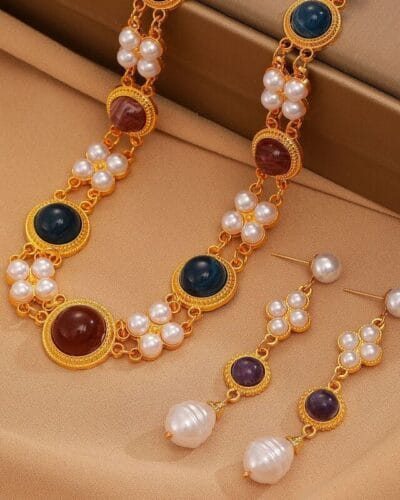 Gold Double Strand Pearl Necklace Vintage Choker Earring