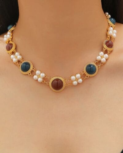 Gold Double Strand Pearl Necklace Vintage Choker Earring