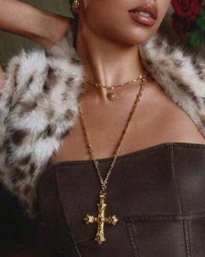 Gold Long Cubic Zirconia Cross Pendant Necklace Unisex