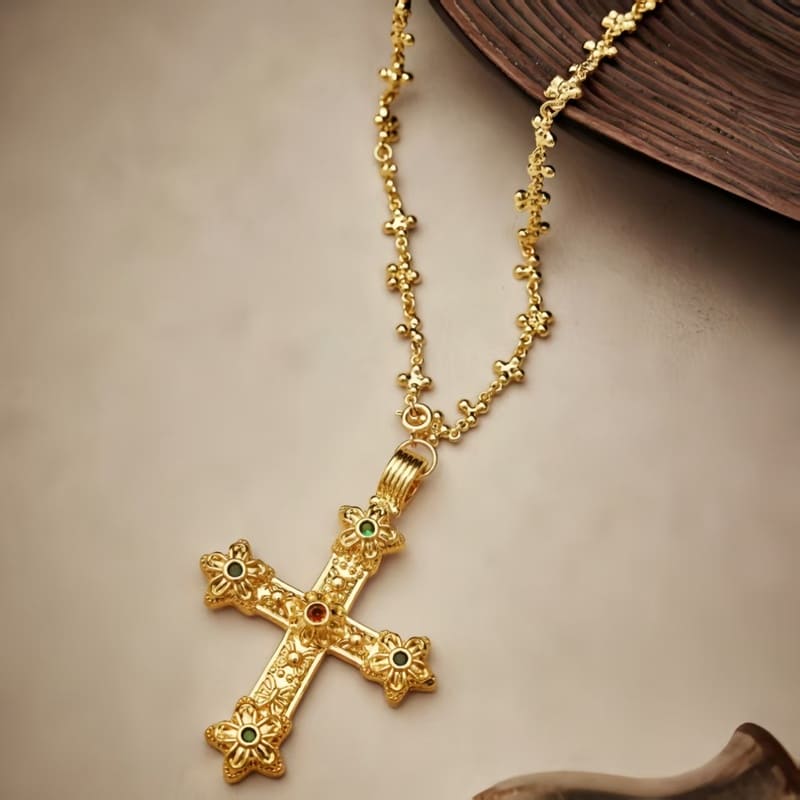 Gold Long Cubic Zirconia Cross Pendant Necklace Unisex