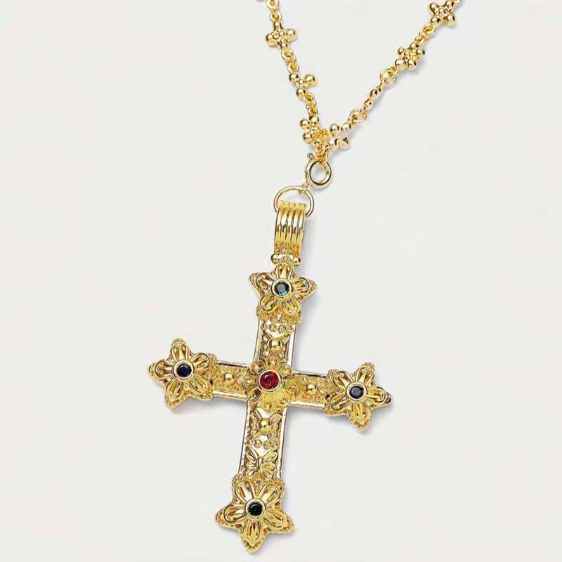 Gold Long Cubic Zirconia Cross Pendant Necklace Unisex