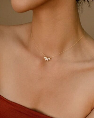 Gold Minimalist Leaf Marquise Cut Diamond Necklace