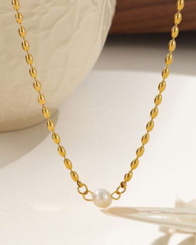 Gold Plated Stainless Steel Oval Bead and Pearl Necklace 3