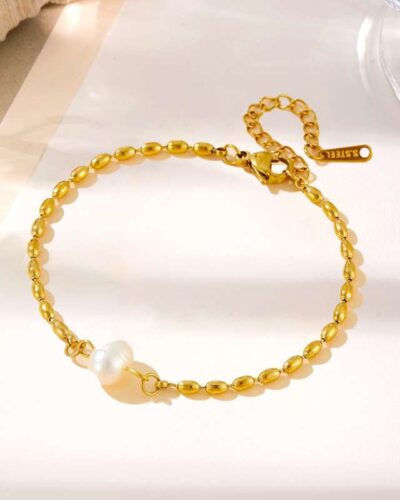 Gold Plated Stainless Steel Oval Bead and Pearl Necklace 4