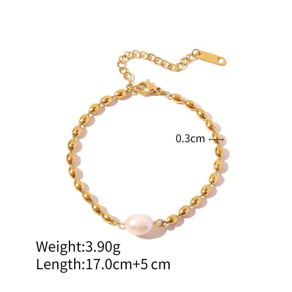 Gold Plated Stainless Steel Oval Bead and Pearl Necklace 5