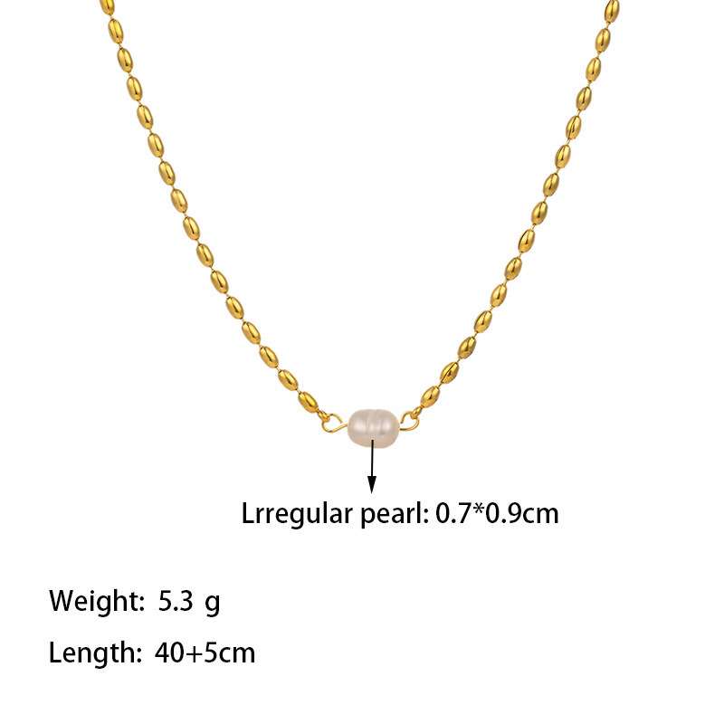 Gold Plated Stainless Steel Oval Bead and Pearl Necklace 6
