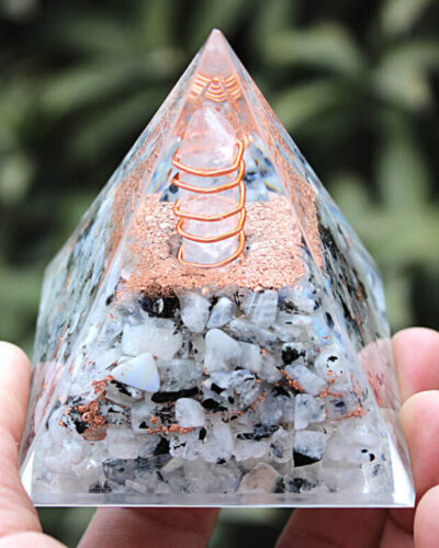 Gray Moonstone Chips Large Crystal Pyramid with SBB Coil